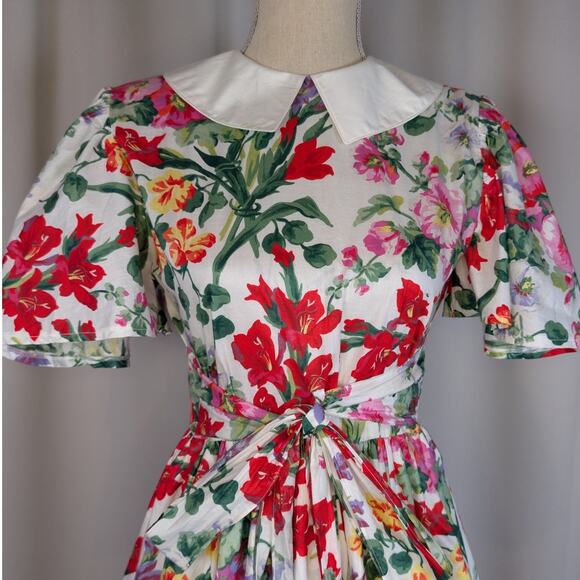 Vintage 80s Floral Cotton Dress Peter Pan Collar Cottagecore Midi - Picture 8 of 16